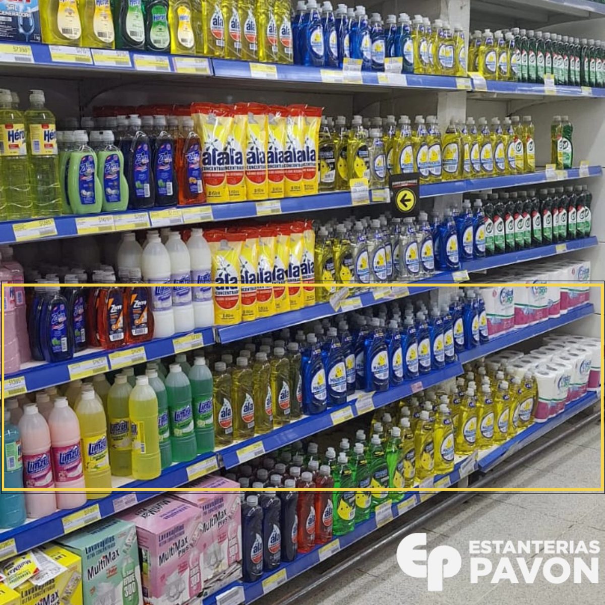 Full photo of the detergent aisle, with the shelf of yellow Limzul and blue Magistral bottles boxed