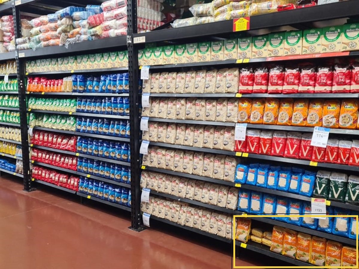 Full photo of the rice aisle, with the bottom shelf of the right-hand unit boxed